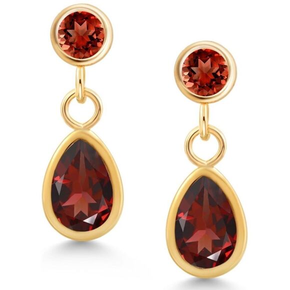 14K Yellow Gold with 1.28 Cttw Red Garnet Dangling Post Back Drop Earrings - Picture 1 of 4